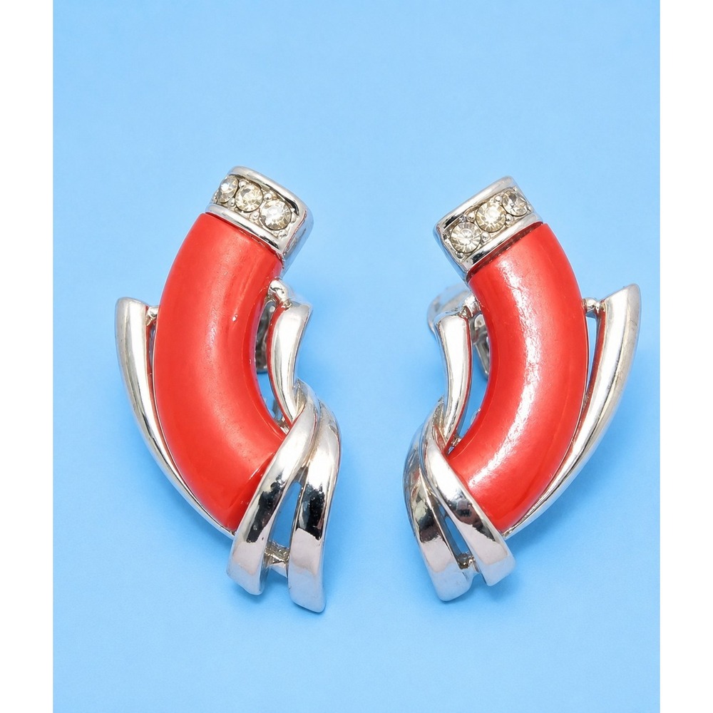 Vintage Coro Red Lucite Rhinestone Silver Tone Clip Earrings -3275